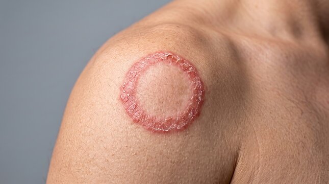 Circular Fungal Infection Ringworm on Human Shoulder Skin Macro