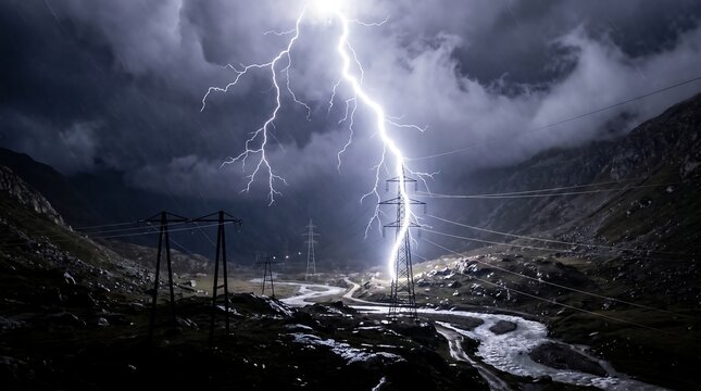Powerful lightning strike hitting the ground near electricity transmission towers in a mountain valley during a storm with lightning