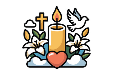 Obraz premium Christian religious vector illustration of burning candle cross white dove lily and red heart