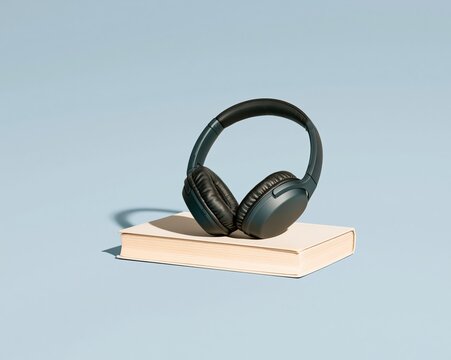 Over-ear headphones resting on a weathered paperback book with a blank cover, featuring a matte finish and cream pages for audiobook and podcast mockups