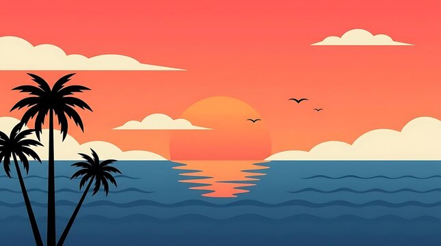 Tropical sunset with palm trees and ocean