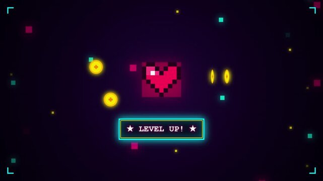 Bit Retro Pixel Heart and XP Level Up Gaming Motion Graphic