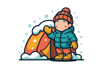 Obraz premium Cute cartoon boy waving next to an orange winter camping tent in a heavy snowfall vector