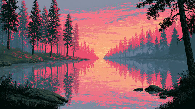 Calm forest landscape with pine trees reflecting on water during pink sunset