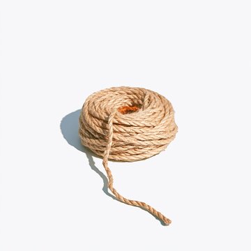 Coil of reused sisal baling twine with a frayed core and weathered texture, isolated on a bright background with copy space for farming themes