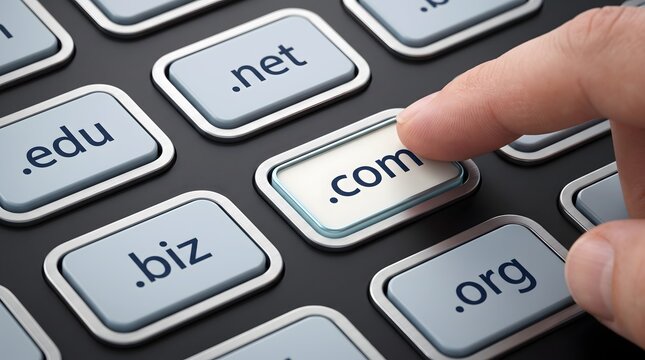 Finger pressing .com domain button on a keyboard