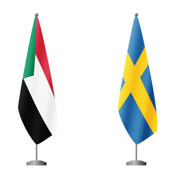 Sudan and Sweden flags on flagpoles for official ceremonies and meetings, transparent background vector