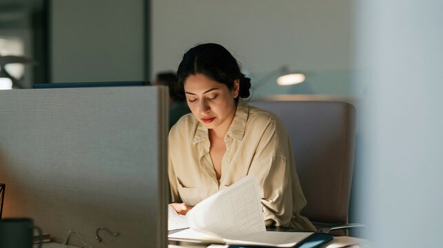 East Asian woman at a desk in a dimly lit office, looking apprehensive while reviewing a blank template form for manager training and difficult conversations