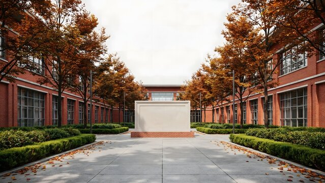School entrance courtyard with blank sign panel &ndash; Suitable for school name mockups, institutional branding, or campus entrance.