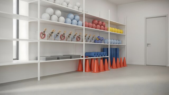 Physical education equipment arranged on shelves &ndash; Great for school sports supplies, gym organization, or PE class concepts.