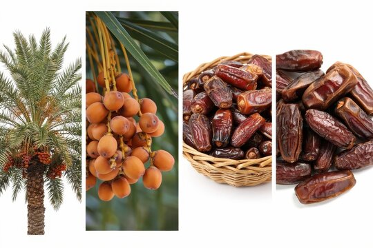 Collage of date palm tree, fresh dates on branch, and dried dates in a wicker basket, isolated on white background. Healthy organic fruit concept.