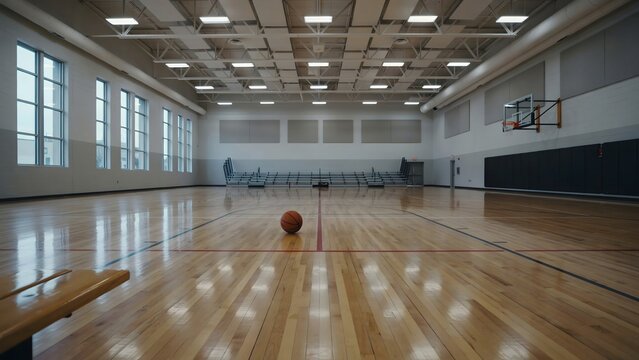 Empty high school gymnasium with basketball &ndash; Ideal for school sports programs, basketball court design, or PE class themes.