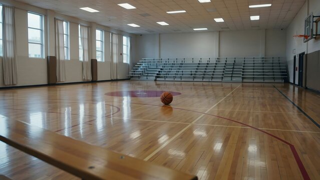 Basketball resting on polished gym floor &ndash; Perfect for high school athletics, youth basketball, or sports facility marketing.