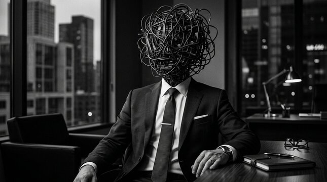 Tangled Mind Businessman Overwhelmed by Work Stress, Office Chaos