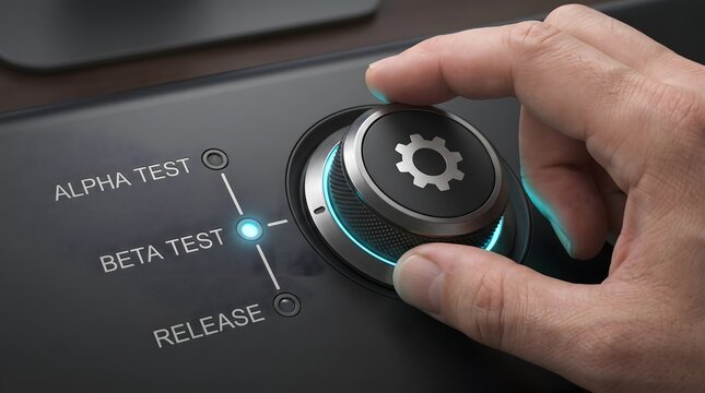 Hand turning dial from beta test to release with gear icon