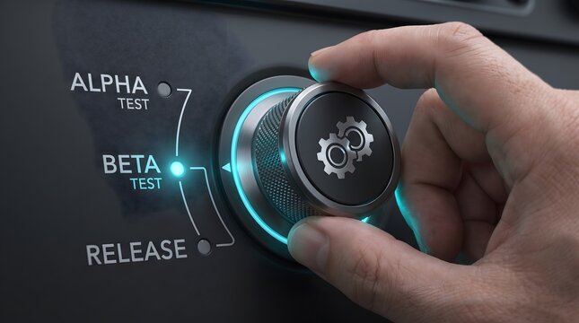Hand turning dial from beta test to release with glowing lights
