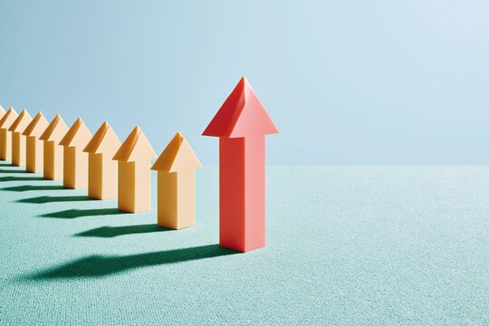 A tall pink glowing arrow stands out from rows of shorter yellow arrows on a soft blue textured background, for leadership and growth concepts