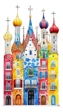 Colorful building with unique architectural features in a lively city scene