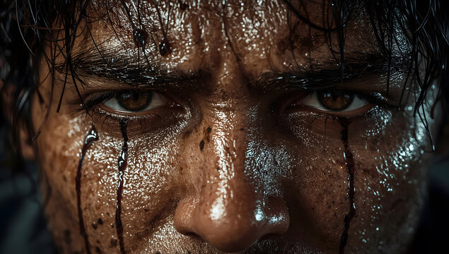 Intense gritty dirty warrior face portrait