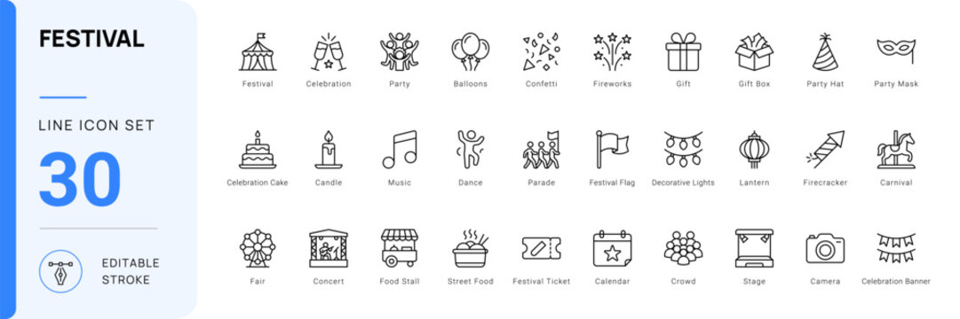 festival celebration party event icon line style editable stroke vector set