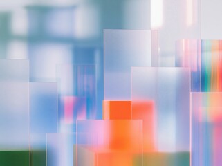 Fototapeta premium Translucent glass panels with colorful light refractions and geometric shapes, creating a luminous modern abstract composition for a background or mockup