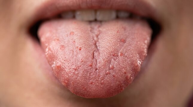 Extreme macro close-up of a human tongue showing texture, papillae, and oral anatomy details.