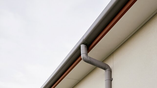 Grey seamless gutter and downspout on a modern house with red trim, featuring a smooth chalky wall and overcast sky for home maintenance marketing