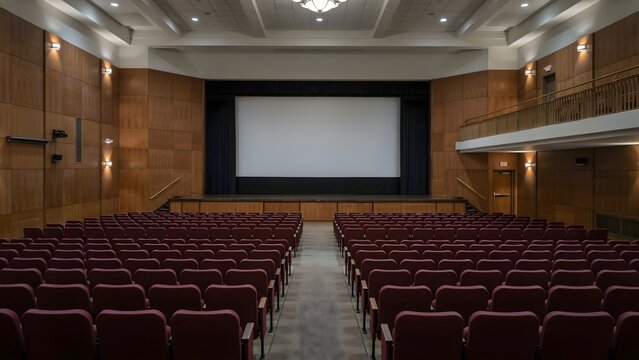 Empty auditorium seats facing blank screen &ndash; Ideal for educational conferences, school assemblies, or cinema presentation.