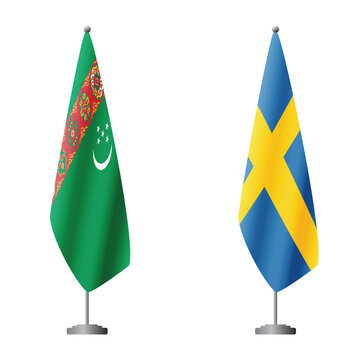 Turkmenistan and Sweden flags on flagpoles for official ceremonies and meetings, transparent background vector
