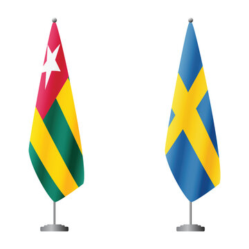 Togo and Sweden flags on flagpoles for official ceremonies and meetings, transparent background vector