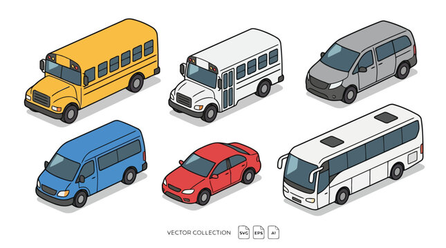 An isometric vector collection of various vehicles, including school buses, a passenger van, a car, and a coach bus
