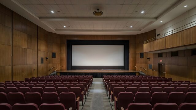 Symmetrical view of empty school theater seats &ndash; Perfect for event space marketing, educational venue, or lecture hall design.
