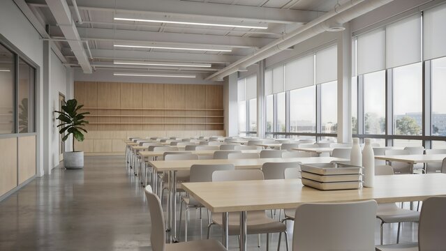 Modern empty school cafeteria before lunch &ndash; Suitable for school nutrition programs, dining facility design, or food service.