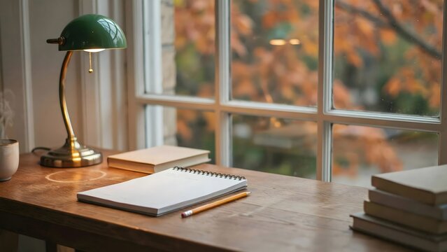 Library study table with notebook and brass lamp &ndash; Suitable for study concepts, academic research, or back to school reading.