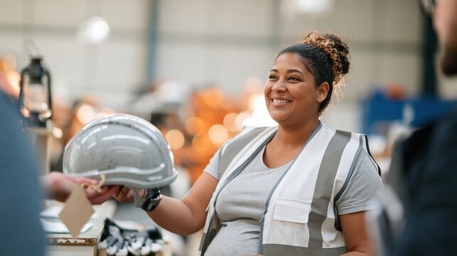 Pregnant woman in a hi vis vest handing a hard hat to a colleague, featuring a warm, intimate glow and grainy textures for occupational health and safety