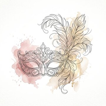 Line Art Venetian Carnival Mask with Peacock Feathers and Watercolor Splatter
