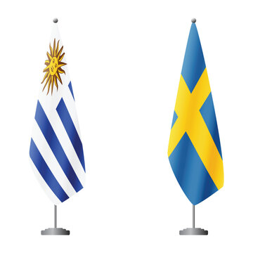 Uruguay and Sweden flags on flagpoles for official ceremonies and meetings, transparent background vector
