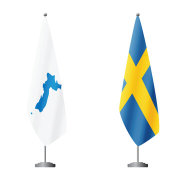 Unification flag of Korea and Sweden flags on flagpoles for official ceremonies and meetings, transparent background vector