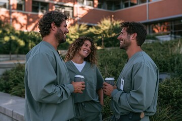 Naklejka premium Healthcare workers in sage green scrubs talking during a break with takeaway cups, natural and grounded scene outside a clinic for workplace wellbeing