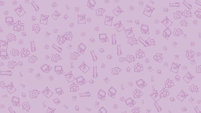 A charming pastel purple background filled with a repeating pattern of hand-drawn doodles depicting school and office supplies, perfect for educational or creative themes.