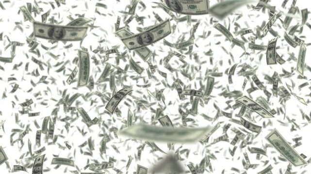 One hundred dollar cash bills falling through air on white background. 4k animation 

