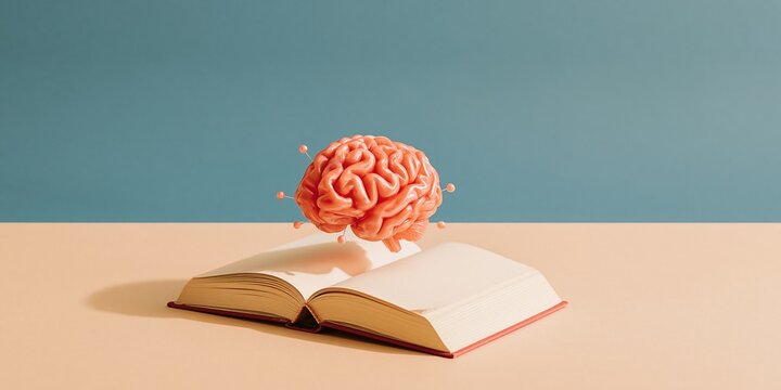 Open hardback book with a translucent brain floating above the pages, featuring weathered paper textures and copy space for education and knowledge sharing