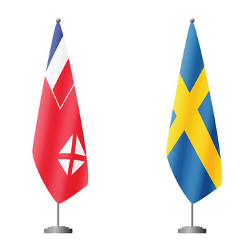 Wallis and Futuna and Sweden flags on flagpoles for official ceremonies and meetings, transparent background vector