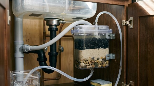 Domestic water filtration system mounted inside kitchen cabinet features layers of sand rocks and charcoal to purify grey sink water