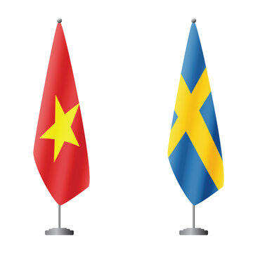 Vietnam and Sweden flags on flagpoles for official ceremonies and meetings, transparent background vector