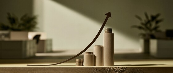 Naklejka premium Stacked coins and chart columns with a rising arrow on a grainy yellow desk, featuring a soft muted interior with copy space for corporate finance