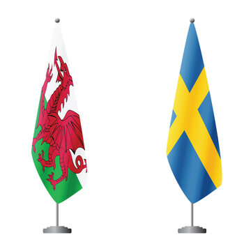 Wales and Sweden flags on flagpoles for official ceremonies and meetings, transparent background vector