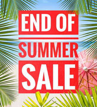 End of summer sale banner over tropical beac with palm leaves frame, summer season promotion poster idea