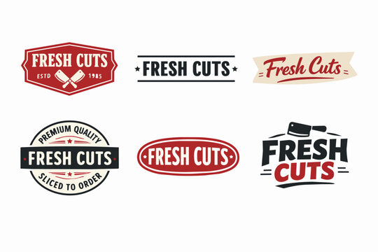 Collection of fresh cuts vintage butchery logos and premium quality emblems displaying knives, cleavers, and stylized text for meat shops, delis, and food branding
