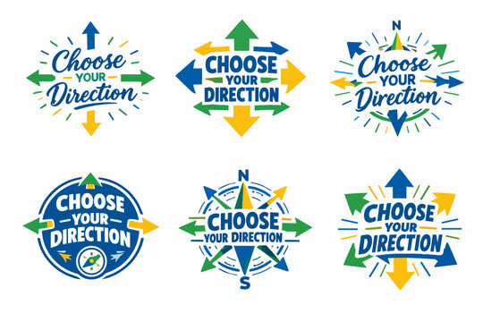 Choose your direction logotypes expressing themes of pathfinding, strategic decision, new opportunities, and guidance, with arrows pointing in multiple directions